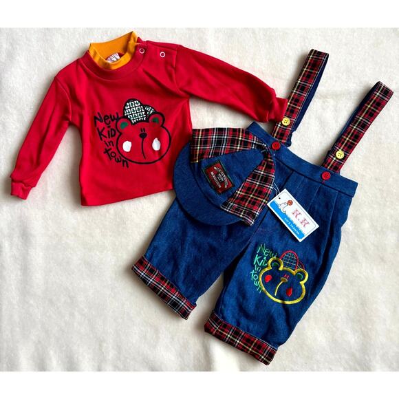 Vintage 90s K.K. Kid's Fashion 3-Piece Overall Set Unisex 6-9M Denim Plaid Bear - Picture 2 of 10
